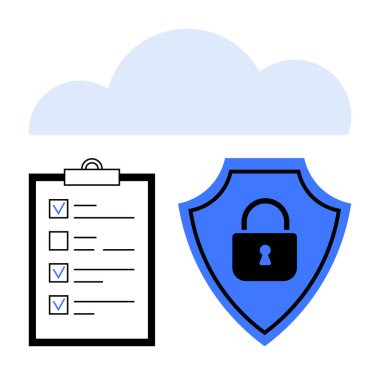 Pano kontrol listesinin üzerinde bulutlar geziniyor ve kalkan kilitleniyor. Teknoloji, güvenlik, siber güvenlik, gizlilik, uyum, güven, basit iniş sayfası için ideal