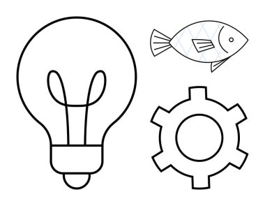Yenilik, ekolojik bilinç ve mekanik sistemleri temsil eden ampul, balık ve teçhizat. Sürdürülebilirlik, yaratıcılık, mühendislik, icat eko-tasarım eğitimi ve basit bir iniş için ideal