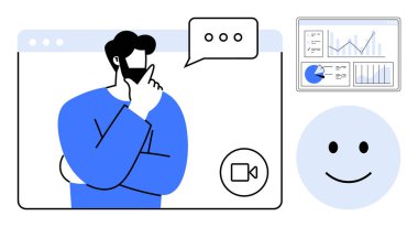 Çizelgeler, iletişim balonu ve gülen yüzle arayüz adı verilen bir video arayüzündeki profesyonel analiz verileri. Teknoloji, iletişim, takım çalışması, sunumlar, müşteri desteği, eğitim için ideal