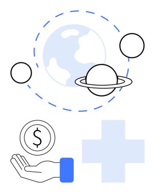 Gezegenlerle, yörünge çizgileriyle, el ele tutuşan bozuk parayla ve tıbbi haçla çevrili bir dünya. Sağlık, yardım, sürdürülebilirlik, teknoloji, ekonomi ve küresel yardım için ideal