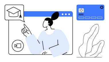 Sanal bir platformdaki mezuniyet şapkası ikonunda el kol hareketi, video düğmesi, ödeme kartı, dekoratif bitki. E-öğrenim, sanal sınıflar, çevrimiçi eğitim, webinarlar, uzaktan eğitim için ideal