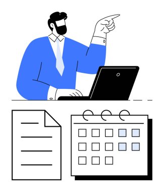 Aşağıdaki bir görevi, organize belgeyi ve takvim elemanlarını işaret ederken bir dizüstü bilgisayarda çalışan profesyonel. Zamanlama, planlama, üretkenlik, görev yönetimi, zaman yönetimi için ideal