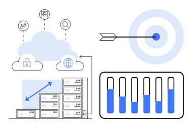 Bulut depolama, sunucu düğümleri, veri büyüme grafiği, oklu hedef ve çubuk grafik analizi. Teknoloji, bulut hesaplama, analitik, iş stratejisi veri yönetimi için ideal basit ayarlama
