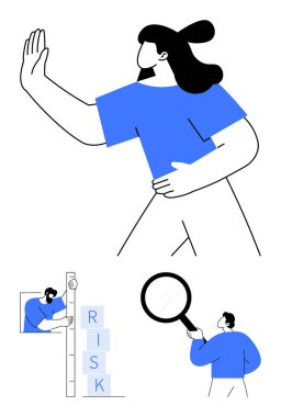 Kadın jest yapıyor, adam risk bloklarını ölçüyor, adam büyüteçle analiz ediyor. İş için ideal, risk yönetimi, strateji, değerlendirme, uyarı, güvenlik sade iniş sayfası