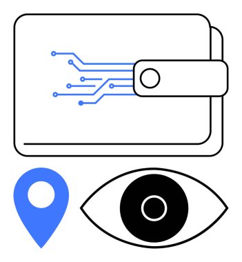 Teknoloji devreli cüzdan, mavi lokasyon iğnesi ve dijital güvenliği, yer tespitini ve yeniliği sembolize eden göz ikonu. Fintech, mahremiyet, navigasyon, teknoloji e-ticaret dijital kimlik için ideal