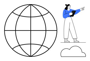 Tableti tutan ve küresel bağlantıyı, teknolojiyi, eğitimi, analizi, yeniliği, rehberliği ve minimalizmi destekleyen büyük bir ikonu olan büyük küreyi işaret eden kadın. Basit bir iniş sayfası için ideal