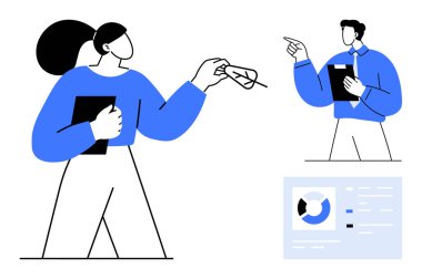 İki meslektaş etkileşimde, biri tablet ve gözlük tutuyor, diğeri de ekranda bir veri grafiği ile işaret ediyor. Takım çalışması, analiz, iletişim, ofis dinamiği, eğitim teknolojisi için ideal