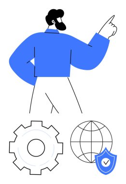 İnsan, mekaniği, küresel erişimi ve güvenliği temsil eden sembolik teçhizat, küre ve kalkanla güvenle yukarıya doğru hareket eder. İş dünyası, liderlik, yenilik, teknoloji güvenliği için ideal