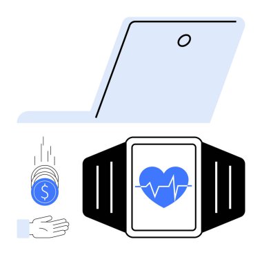 Kalp atış hızı göstergesi olan akıllı bir hareket, dizüstü bilgisayar köşesi, eline bozuk para düşmesi. Fitness, sağlık izleme, tasarruf, teknoloji, giyilebilir cihazlar, yatırım sade iniş sayfası için ideal