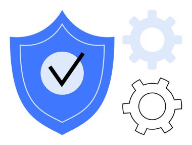 Koruma ve güvenliği temsil eden mavi bir kalkan, ayarları sembolize eden iki dişli simgesi ya da işlem optimizasyonunu simgeliyor. Siber güvenlik, teknoloji, veri güvenliği, mahremiyet için ideal