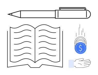 Metin, kalem, el yakalayan bozuk paralarla kitabı aç. Eğitim, yazma, finans, yaratıcılık, hikaye anlatma, kişisel gelişim için ideal basit bir iniş sayfası