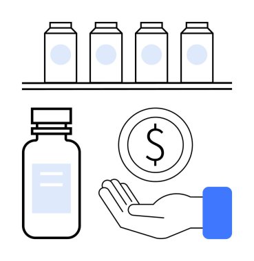 Raftaki ilaç şişeleri, tek bir şişe ve el sağlık hizmetlerinin karşılanabilirliğini vurgulayan bir madeni para sunuyor. Sağlık, eczane, maliyet verimliliği, tedarik zinciri, tıbbi yardım, erişilebilirlik için ideal