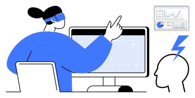 VR kulaklık takan kişi monitörle etkileşime geçip veri odaklı görselleri işaret ediyor. Çizelge anlayışı, yenilik, dijital çalışma, fütüristik teknoloji, sanal ortam. VR eğitimi ve teknoloji blogları için ideal