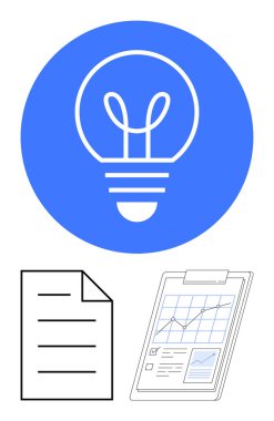 Bir belgenin üzerinde mavi daire şeklinde ampul ve grafik ve ölçümlü pano. Yenilik, planlama, analiz, yaratıcılık, strateji, iş büyümesi, verimlilik için idealdir. Düz basit metafor
