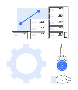 Mavi okla büyüyen sunucu yığınları, otomasyon teçhizatları, tasarruf maliyetleri için el ele tutuşan madeni paralar. Teknoloji, ölçeklenebilirlik, optimizasyon, finans, verimlilik, büyüme sade iniş sayfası için ideal