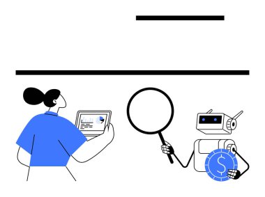 Yapay zeka robotu elinde büyüteç, kadının tablet raporunu analiz etmesine yardım ediyor. Teknoloji, yenilik, finans, takım çalışması, araştırma, otomasyon verileri için ideal. Temiz düz basit metafor