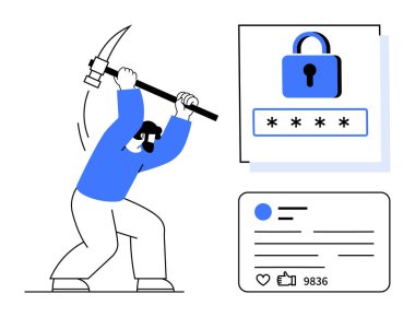 Sosyal medya görselleştirmesiyle birlikte şifre kilidini kırmaya çalışan bir kazma karakteri. Siber güvenlik, hackleme, şifre koruma, güvenlik farkındalığı, sosyal mühendislik için ideal.