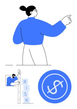 İleriyi gösteren bir kadın, risk değerlendirme blokları, dolar işareti çemberi. Finans, planlama, strateji, yatırım, büyüme analizi için ideal, risk yönetimi basit iniş sayfası