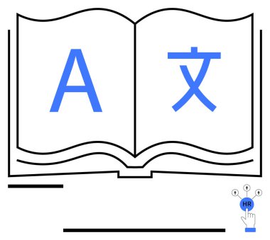 A ve Çince karakterli, çok dilli iletişimi temsil eden açık bir kitap. Bağlı düğümlerle HR dijital arayüzü. Dil öğrenme, çeviri, eğitim, adam toplama için ideal