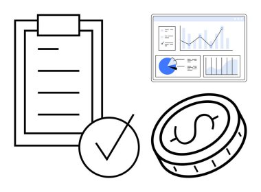 Kene işaretli kontrol listesi, grafikli analitik gösterge paneli ve dolar parası. Finans, iş analizi, bütçe planlaması, izleme hedefleri, proje yönetimi ve basit iniş bilgileri için ideal