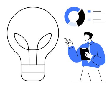 Ampul ana hatları yeniliği simgeliyor. Elinde bir pano olan adam pasta grafiğini işaret ediyor. İş için ideal, yaratıcılık, sunumlar, beyin fırtınası, strateji, takım çalışması eğitimi. Düz basit