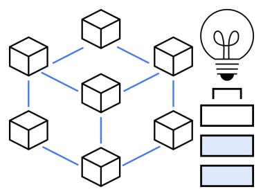 Birbirine bağlı küpler, bir ampulün yanında yığılı dikdörtgenlerle yeniliği sembolize eden bir blok zinciri ağı oluşturuyorlar. Teknoloji, kripto para birimi, yenilik, merkezi olmayan sistemler, veri ağları için ideal