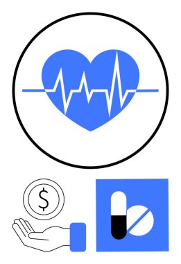 Kalbi atan mavi bir kalp, haplar ve madeni para teklif eden bir el. Sağlık, sağlık, ilaç, kalp sağlığı, sigorta, finansal yardım için ideal