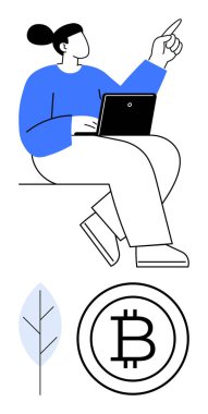 Yukarıya bakan dizüstü bilgisayar kullanan kişi Bitcoin logosu, hassas yaprak çizimi. Kripto para birimi, sürdürülebilirlik, dijital finans, eko-bilinç, yenilik teknolojisi uzaktan çalışma için idealdir. Düz