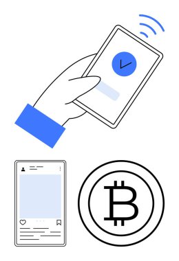 Hand, iletişim kurulamayan ödeme doğrulaması, sosyal uygulama arayüzü, Bitcoin simgesi için akıllı telefon kullanıyor. Fintech, kripto para birimi, mobil ödemeler, e-ticaret, teknoloji, dijital pazarlama dairesi için ideal