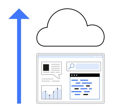 İlerlemeyi simgeleyen yukarı ok, depolamayı temsil eden bulut ve grafik ve içerik alanlarını gösteren veri arayüzü. Bulut depolama, analitik, siber güvenlik, iş verimliliği ve veri için ideal