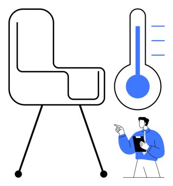 Ofis sandalyesi termometrenin yanında sıcaklığı ve panoyu tutan kişiyi gösteriyor. Çalışma alanı, konfor, ergonomik, çevre, izleme, refah ve verimlilik için ideal. Düz basit