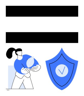 Mavi bir kalkanın yanında sürdürülebilirliği sembolize eden bir yaprak tutan kadın. Üzerinde güvenlik ve güveni simgeleyen bir işaret var. Çevre güvenliği, koruma, çevre, sorumluluk, güven, sigorta için ideal