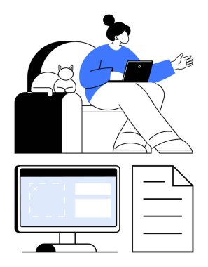 Kanepede kedili dizüstü bilgisayar kullanan bir kadın, el hareketleriyle bilgisayar ekranı ve aşağıdaki simge. Uzaktan çalışma, rahatlama, çoklu görev, dijital araçlar, serbest çalışma, üretkenlik, düz çalışma için ideal