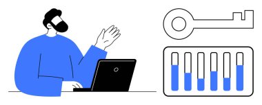 Dizüstü bilgisayarda çalışan bir adam, çizelgenin üstünde veriyi görselleştiren büyük bir anahtar. İş, güvenlik, analitik, teknoloji, dijital çözümler, veri yönetimi, basit iniş sayfası için ideal