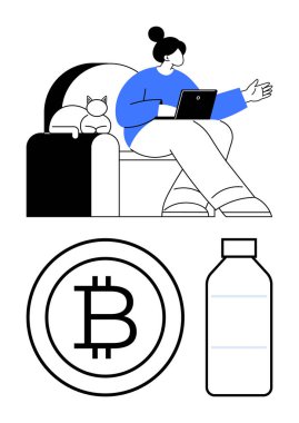 Kedi yakınlarda dinlenirken dizüstü bilgisayarlı jestler yapan bir kadın. Alt kısımda Bitcoin simgesi ve su şişesi var. Teknoloji, iletişim, yaşam tarzı, yatırımlar, uzak çalışma, minimalizm için ideal