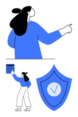 Güvenilirlik, finans, doğruluk, güven, rehberlik, karar verme ve basit bir iniş sayfası için işaretli bir hesap makinesi ve kalkan.