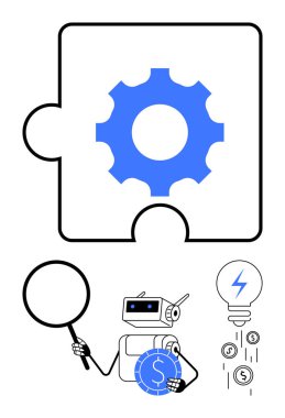 Robot bulmaca parçaları, ampul ve enerji sembollerinin yanında büyüteç ve bozuk para tutuyor. Teknoloji, yapay zeka, yenilik, problem çözme, enerji veri analizi verimliliği için ideal. Basit düz