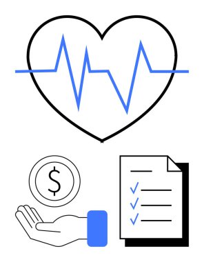Kalp atışı çizgisi olan kalp, el ele tutuşan para, liste listesi. Sağlık, finans, sigorta, planlama, bütçe iyileştirme sunumları için idealdir. Basit bir iniş sayfası için mükemmel.