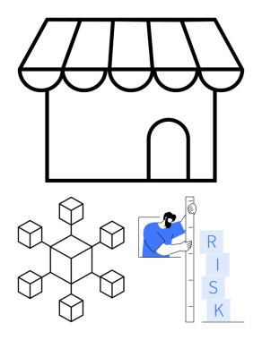 Tenteli dükkan önü, birbirine bağlı küpler, risk seviyelerini ölçen insanlar. Küçük işletmeler, risk yönetimi, organizasyon, girişimcilik, birbirine bağlı sistemler, basit iniş planları için ideal