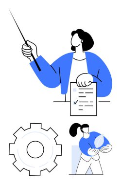 İşaretçi kullanan kişi, işaretli belge, dişli ve elinde yaprak tutan kadın. Eğitim, iş akışı, eğitim, sürdürülebilirlik, üretkenlik takım çalışması için ideal basit iniş sayfası