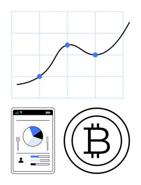Yükselme eğilimi ve noktaları olan büyüme tablosu, Bitcoin sembolü, akıllı telefondaki veri analizi. Finans, kripto para birimi, yatırım, fintech, mobil uygulama analitik dijital trendler için idealdir. Düz basit