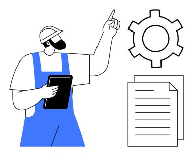 Güvenlik teçhizatında çalışan bir işçi bir vitese tablet tutarak verimliliği ve stratejiyi sembolize ediyor ve yanında da bir belge var. Takım çalışması, proje planlaması, iş akışı, sanayi süreçleri ve yönetim için ideal