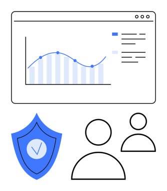 Ekranda satır ve çubuk ögeleri, güvenlik işaretli kalkan, kullanıcı profili simgeleri. İstatistik, siber güvenlik, takım çalışması, izleme, analiz, kullanıcı erişimi için ideal