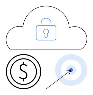 Güvenli depolamayı temsil eden kilitli bir bulut, finans, hedef ve ok için para birimiyle daire çiziyor. Güvenlik, teknoloji, bulut hizmeti, finans, hedefler, iş sade iniş sayfası için ideal