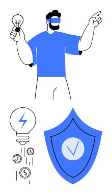 Ampul tutan ve VR gözlük takan bir mucit. Güvenlik ve güven işaretli bir kalkan. Düşen paralar finansal büyümeyi simgeler. Teknoloji, yenilik, finans, yaratıcılık için ideal