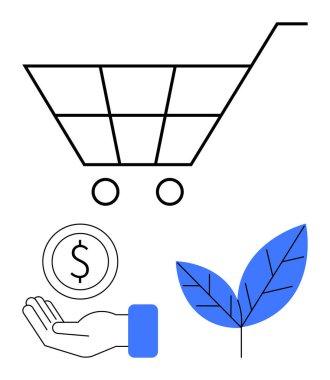 Alışveriş arabası, madeni parayla el, ve yaprak sürdürülebilir alışverişi sembolize ediyor, çevreye duyarlı iş. Sürdürülebilirlik, e-ticaret, finans, eko-pazarlama, yeşil girişimler bütçe planlaması için ideal