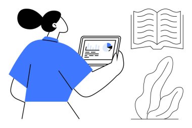 Tabletle meşgul olan kadın analitik, açık kitap ve bitki öğeleri sergiliyor. Eğitim, teknoloji, tasarım, araştırma, öğrenim, bilgi paylaşımı için ideal