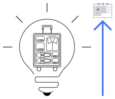 Bavullu ampul düzgünce içine yerleştirilmiş, yukarı doğru mavi ok takvimine doğru. Seyahat stratejisi, planlama, organizasyon, yenilik, yaratıcılık, verimlilik için ideal. Düz basit