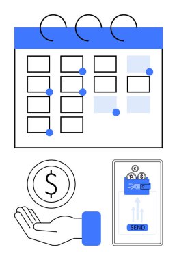 İşaretli olayları olan bir takvimin kavramsal tasarımı, mobil ödeme sistemi, ve bozuk parayla açık bir el. Finans, planlama, ödemeler, e-ticaret, para yönetimi, programlama ve basit