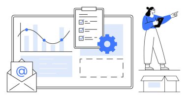 Analitik gösterge paneli, grafik, kontrol listesi, e-posta bildirimi, vites simgesi, kutuya bakan tabletli kadın. Planlama, lojistik, üretkenlik iş stratejisi iş akışı için ideal